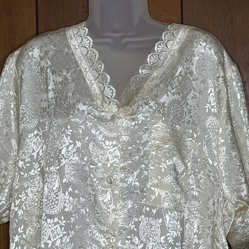 Elizabeth Lauren Womens L‎ Ivory Satin Jacquard Nightgown Lace Trim Coquette Y2K